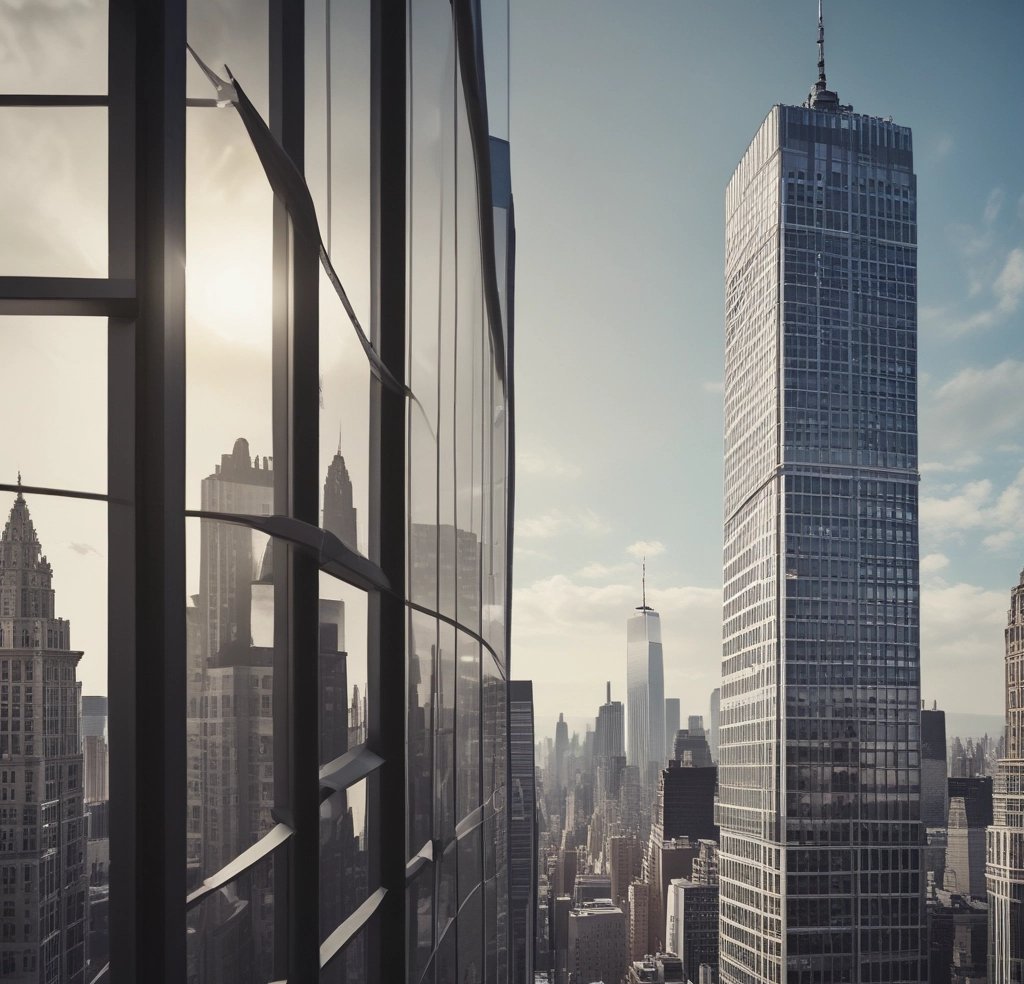 NYC skyline through high-rise windows